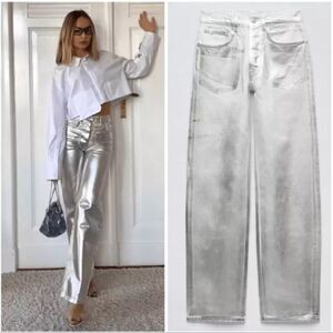 NWT Zara The Boy Boy Fit In Silver Mid rise Jeans Metallic Blogger Favorite Sz 4